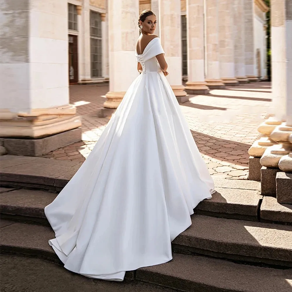 Gorgeous Ball Gown Wedding Dresses Off The Shoulder V Neck Simple Satin   Sweep Train Corset Bridal Dress