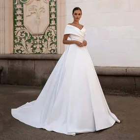 Gorgeous Ball Gown Wedding Dresses Off The Shoulder V Neck Simple Satin   Sweep Train Corset Bridal Dress