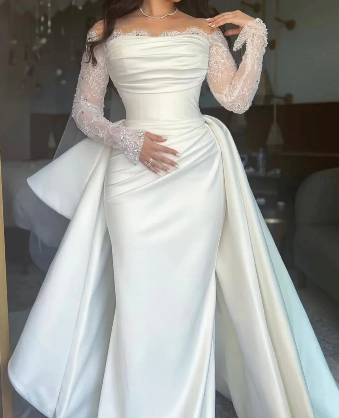 Ivory Mermaid Wedding Dress Off The Shoulder Bridal Dress Lace Long Sleeve vestidos de novia Princess Wedding Gowns