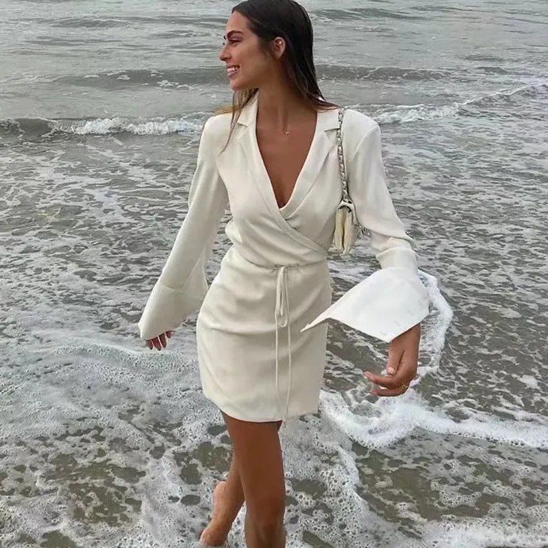 Julia Fashion - Satin V-Neck Shirt Dress