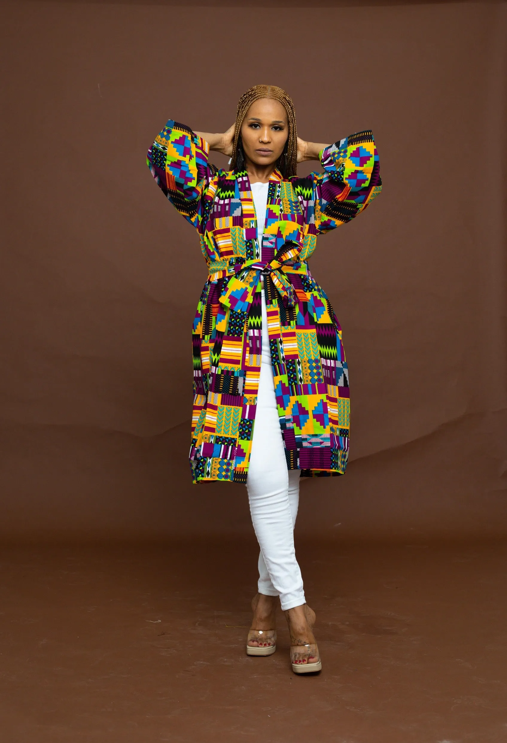 Letty Ankara Kimono Jacket | Purple and Green Multicolored African Tribal Print