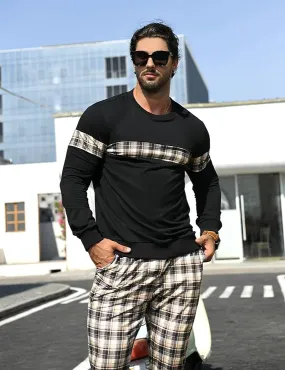 Men's Black & Khaki Plaid Sweatsuit and Pants Jogger Set