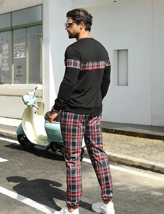 Men's Black & Red Plaid Sweatsuit and Pants Jogger Set