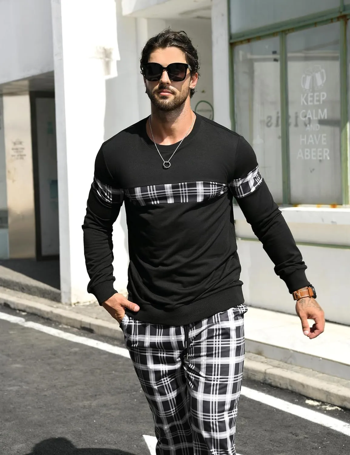 Men's Black & Red Plaid Sweatsuit and Pants Jogger Set