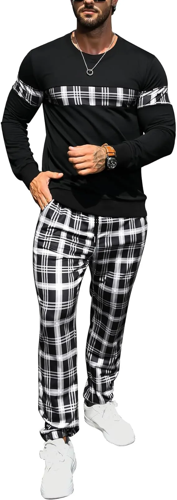Men's Black & Red Plaid Sweatsuit and Pants Jogger Set