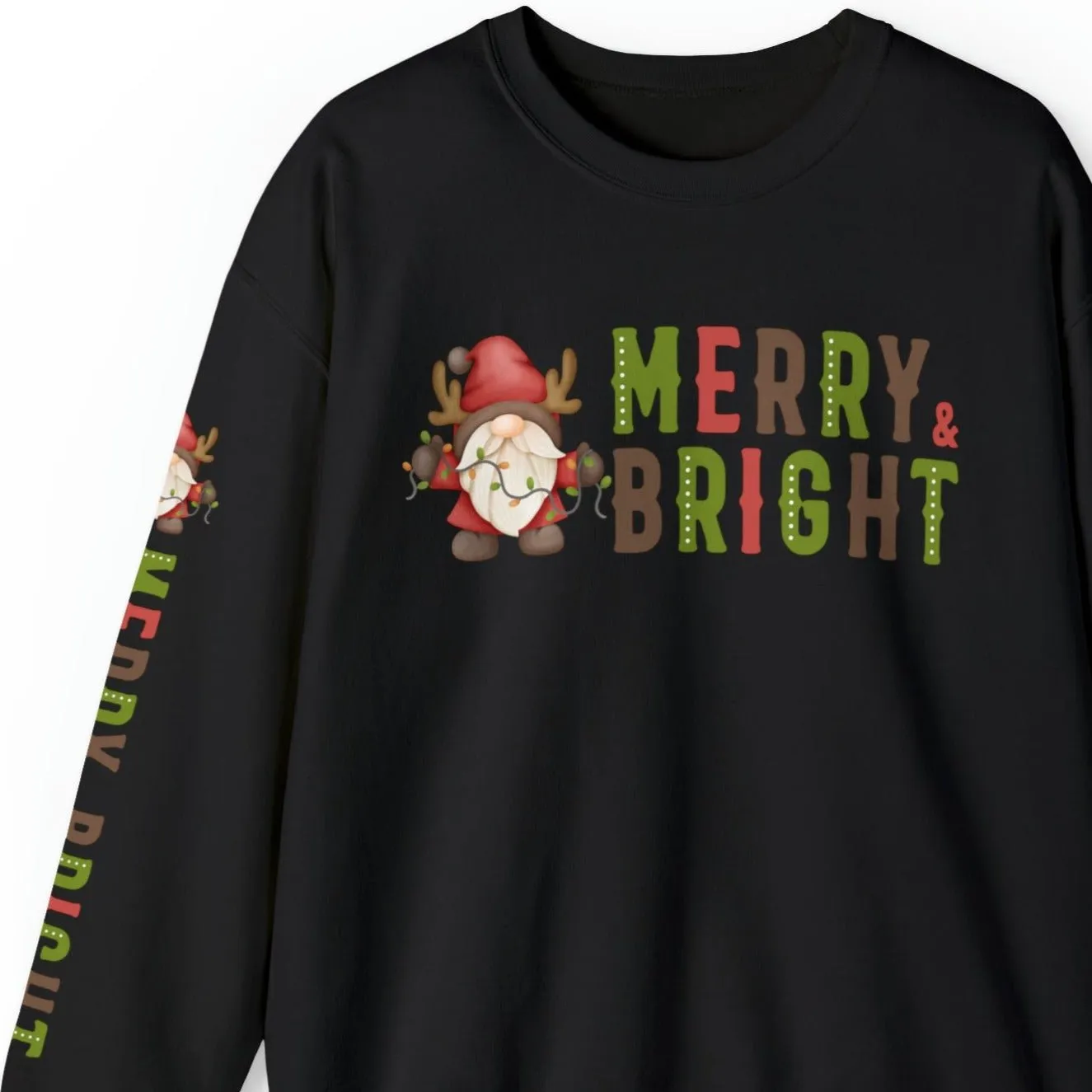 Merry and Bright Gnome Women's Sweatshirt: Festive Arm Detail for Holiday Cheer