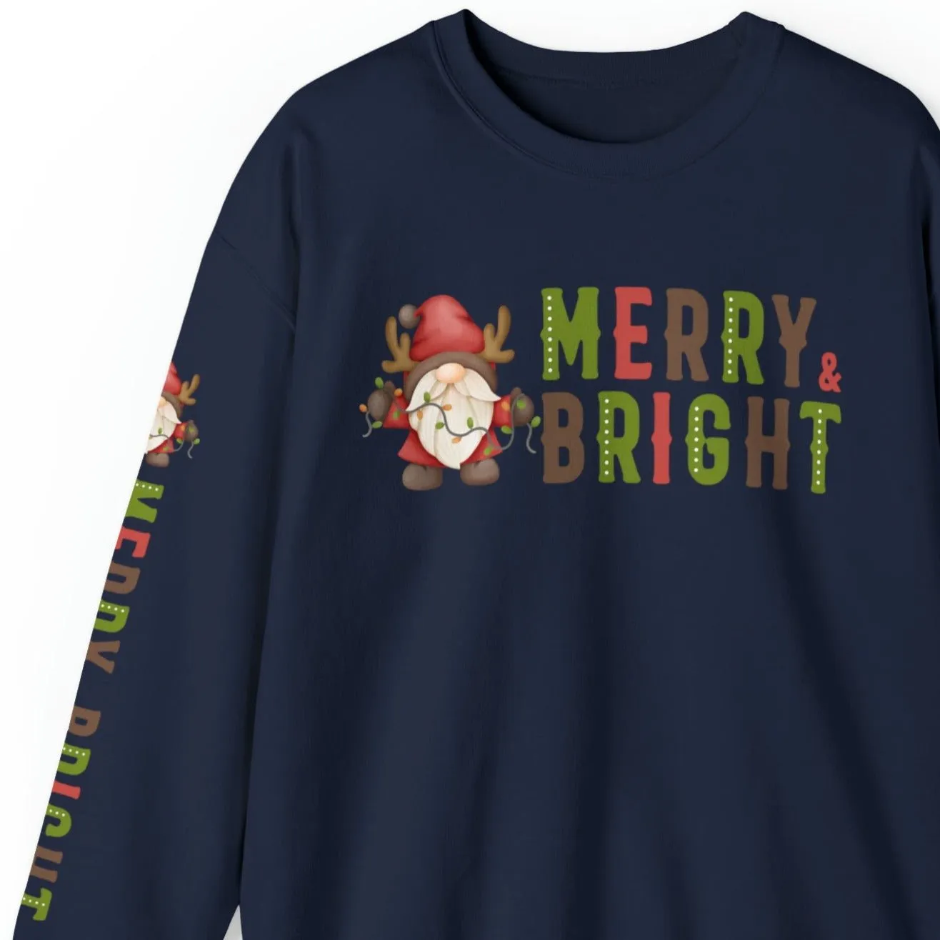 Merry and Bright Gnome Women's Sweatshirt: Festive Arm Detail for Holiday Cheer