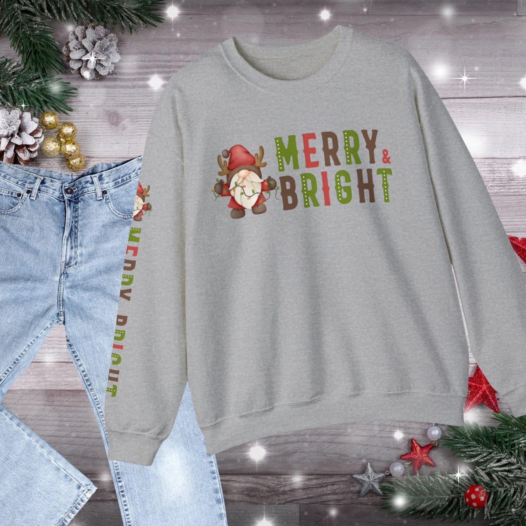 Merry and Bright Gnome Women's Sweatshirt: Festive Arm Detail for Holiday Cheer