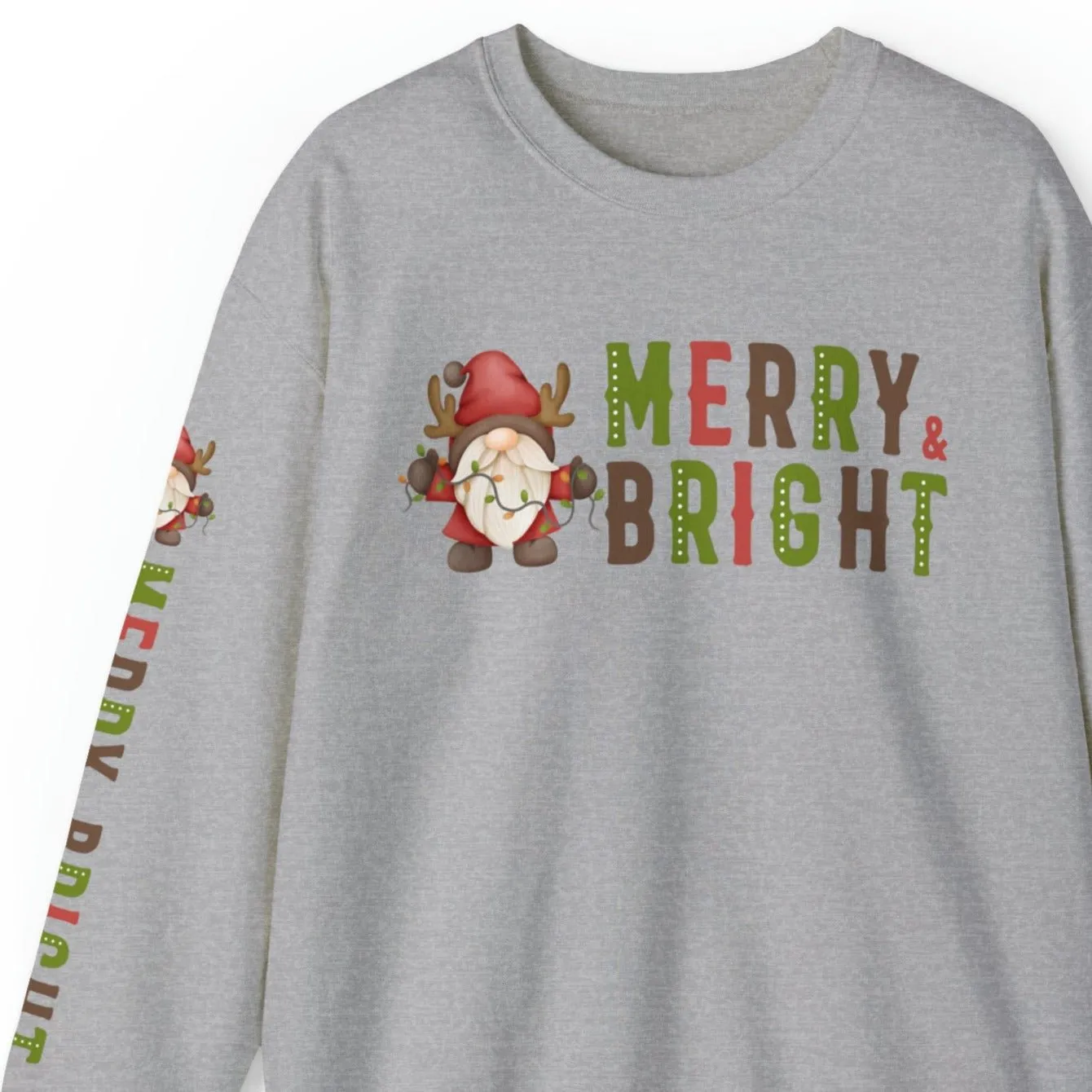 Merry and Bright Gnome Women's Sweatshirt: Festive Arm Detail for Holiday Cheer