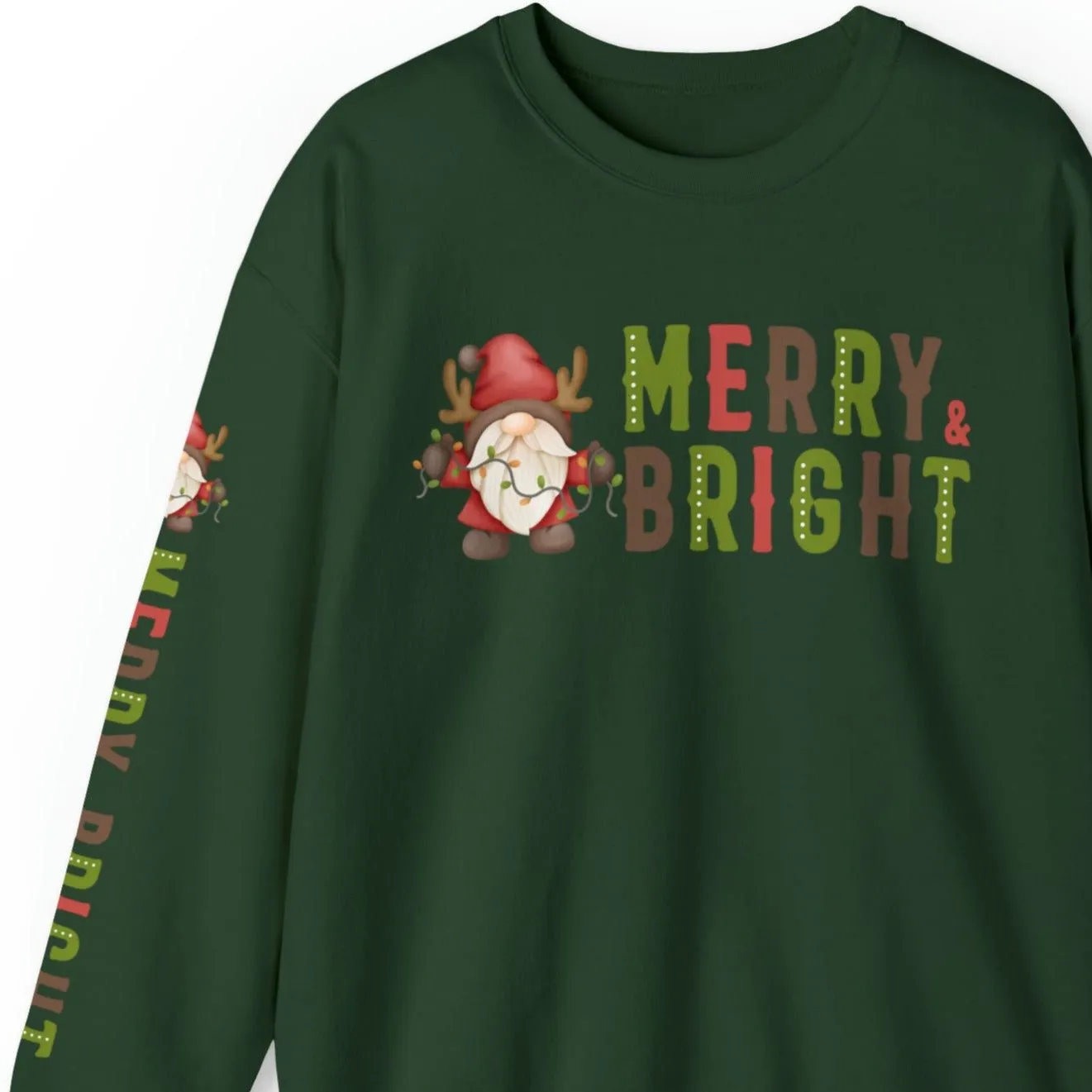 Merry and Bright Gnome Women's Sweatshirt: Festive Arm Detail for Holiday Cheer
