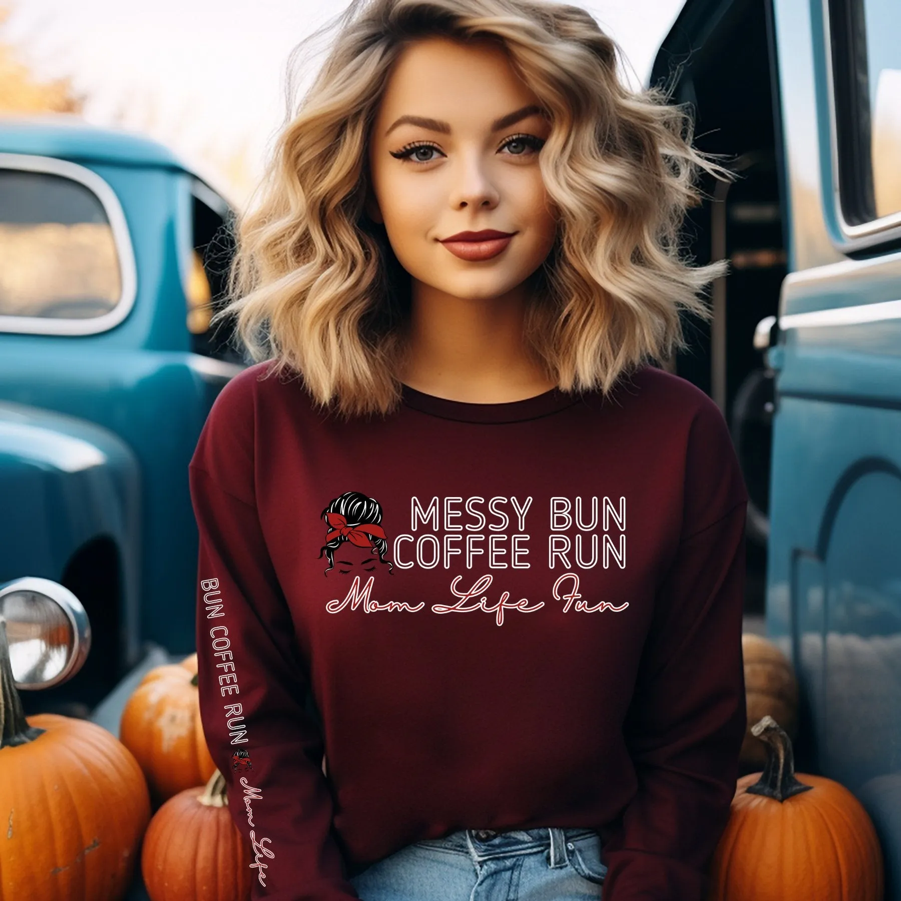 Mom Life Fun: Messy Bun Coffee Run Women's Sweatshirt with Stylish Arm Detail