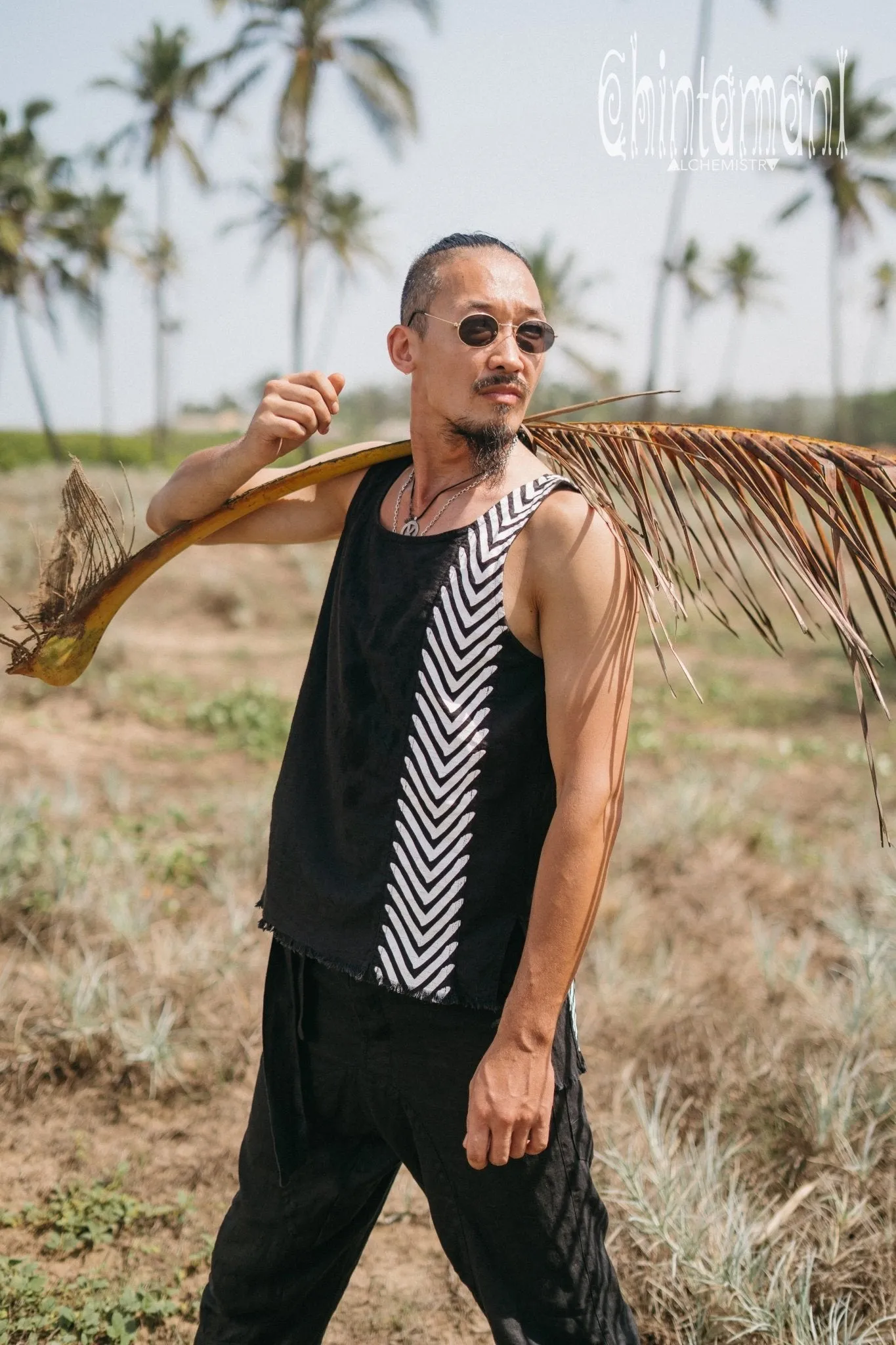 Organic Mens Vest Top with Corners Print / Black
