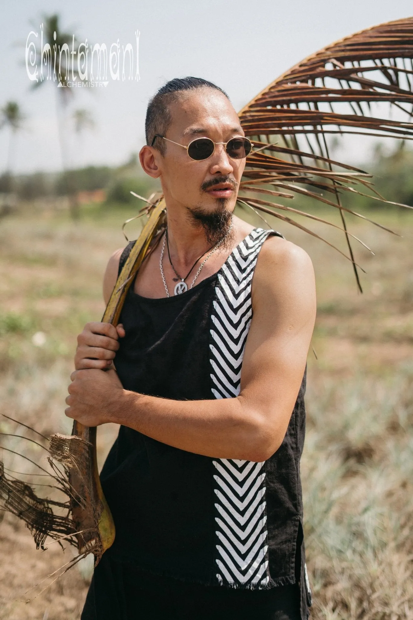 Organic Mens Vest Top with Corners Print / Black