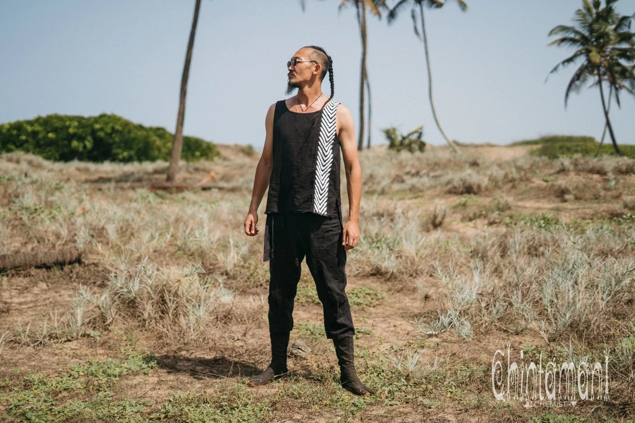 Organic Mens Vest Top with Corners Print / Black