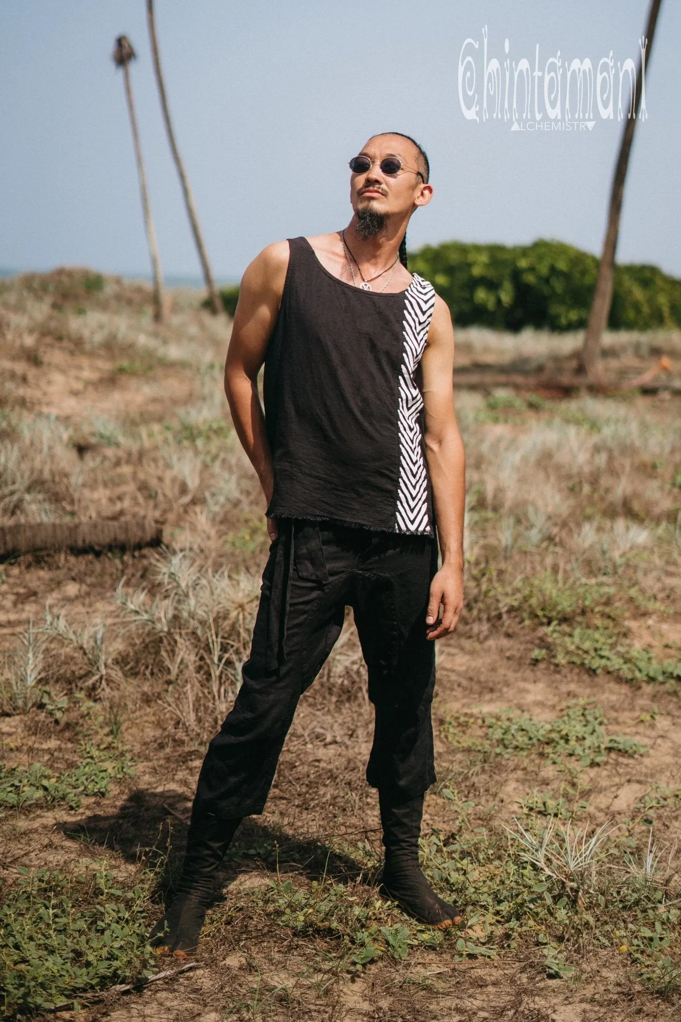 Organic Mens Vest Top with Corners Print / Black