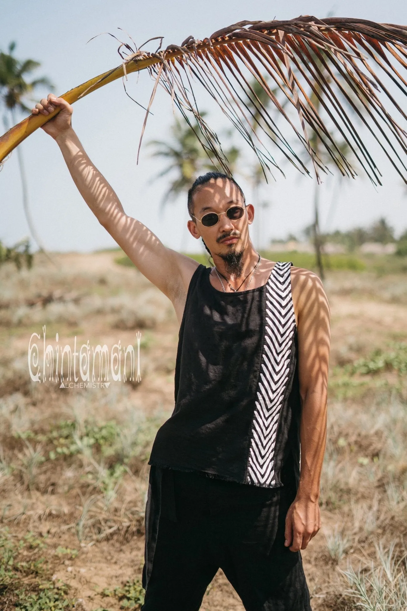 Organic Mens Vest Top with Corners Print / Black