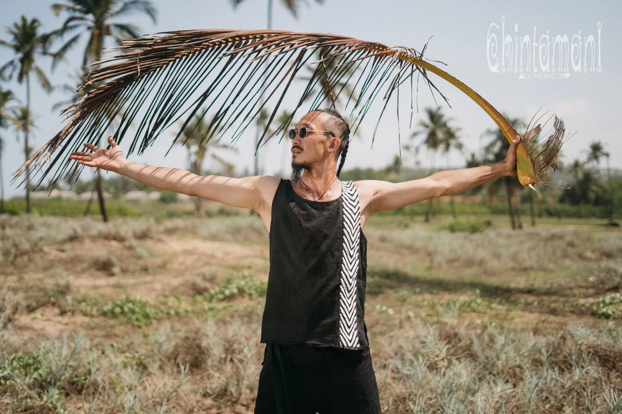 Organic Mens Vest Top with Corners Print / Black