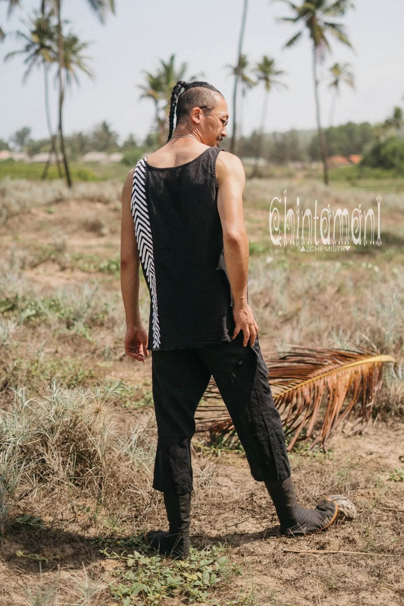 Organic Mens Vest Top with Corners Print / Black