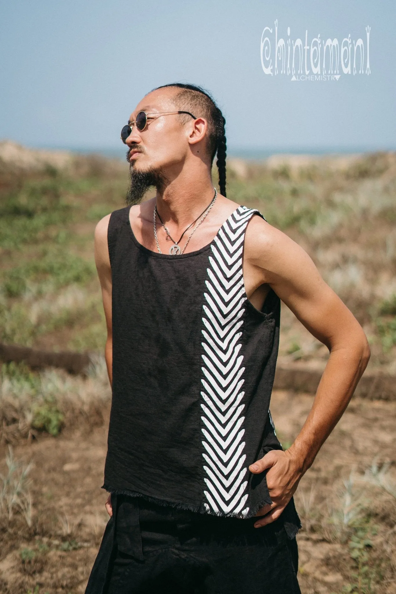 Organic Mens Vest Top with Corners Print / Black