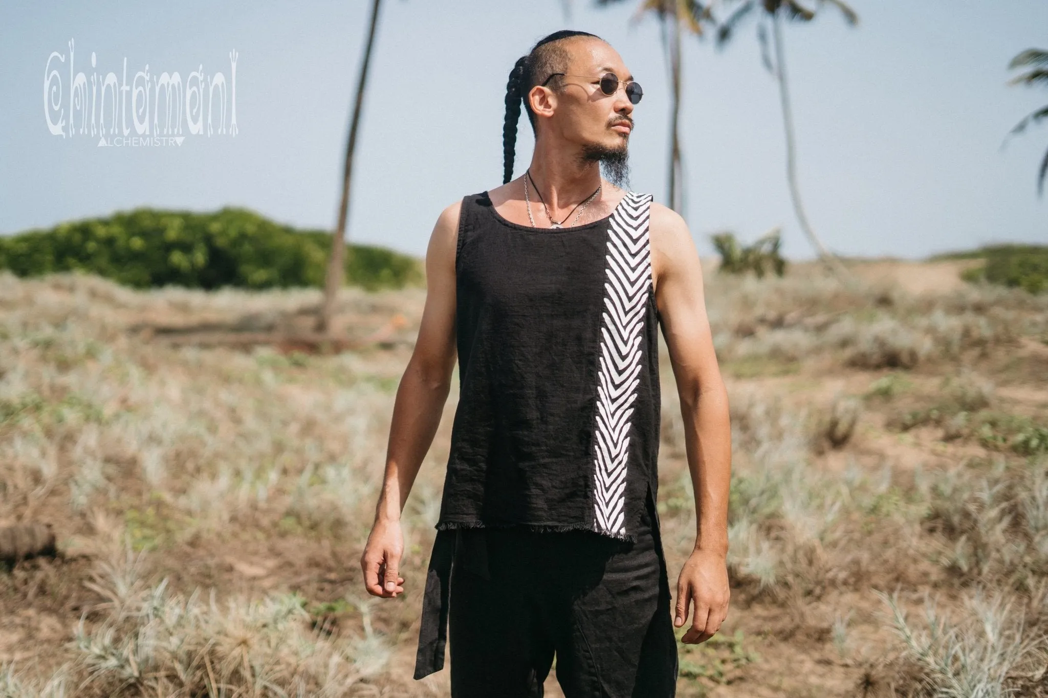 Organic Mens Vest Top with Corners Print / Black