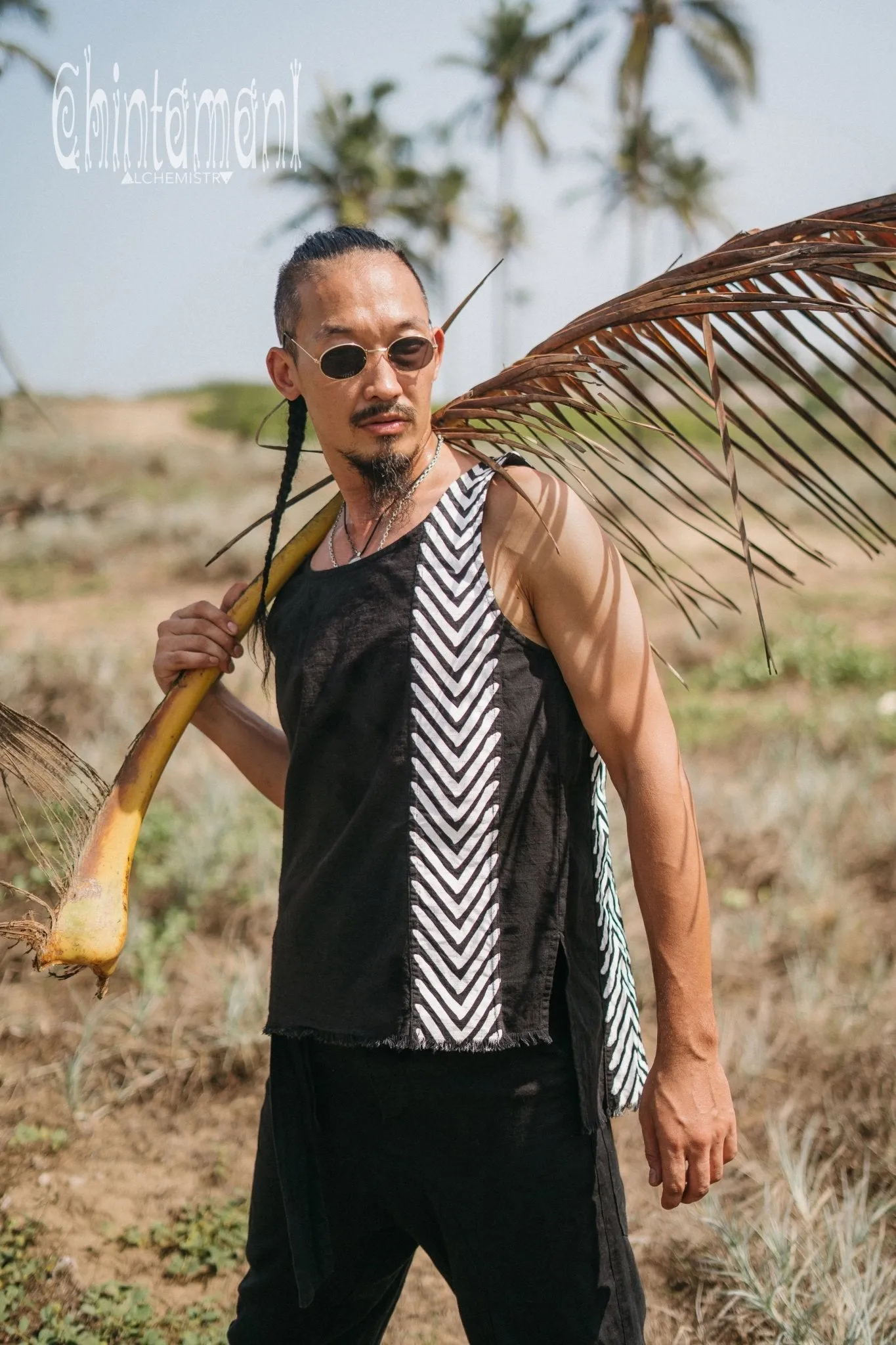 Organic Mens Vest Top with Corners Print / Black