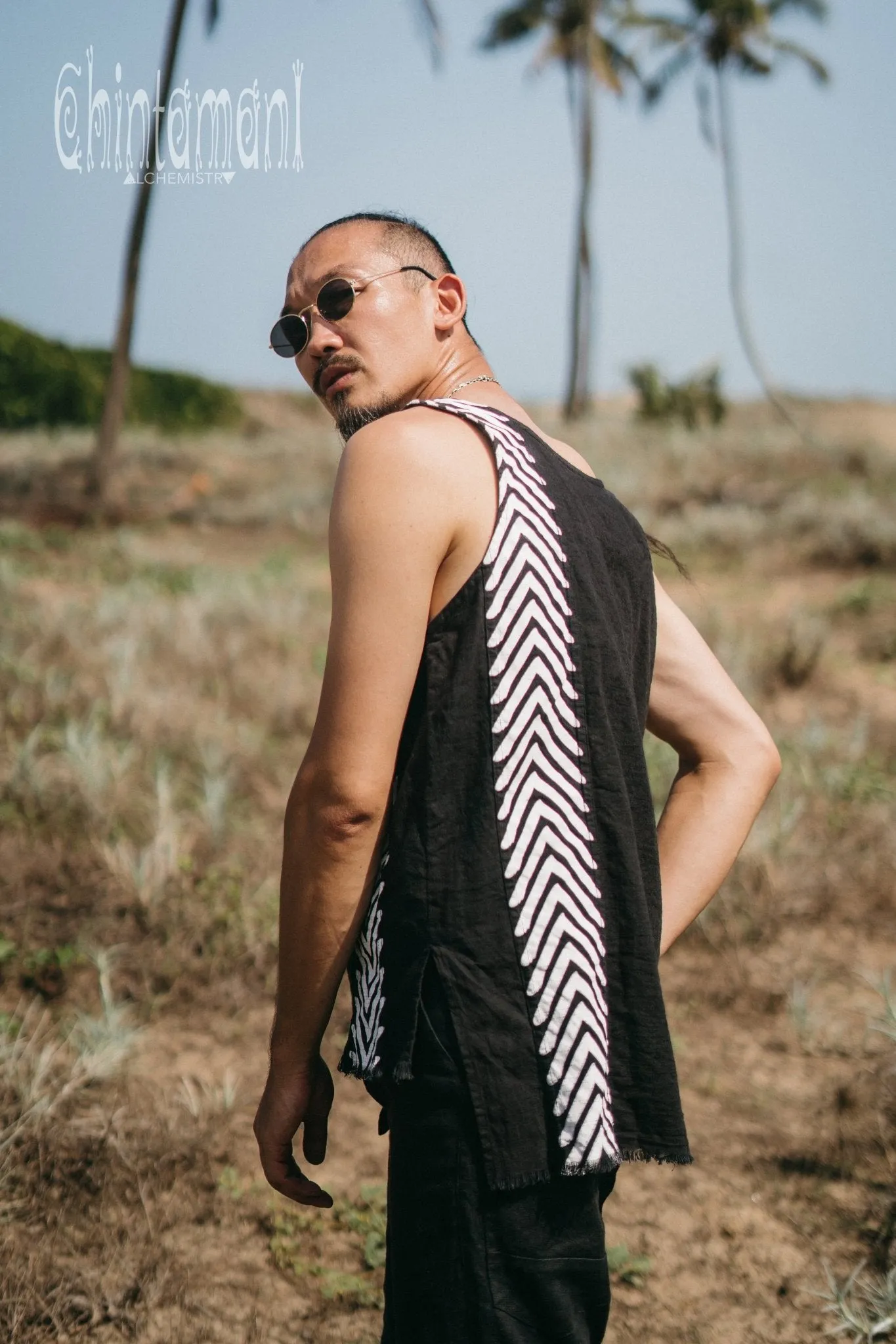 Organic Mens Vest Top with Corners Print / Black