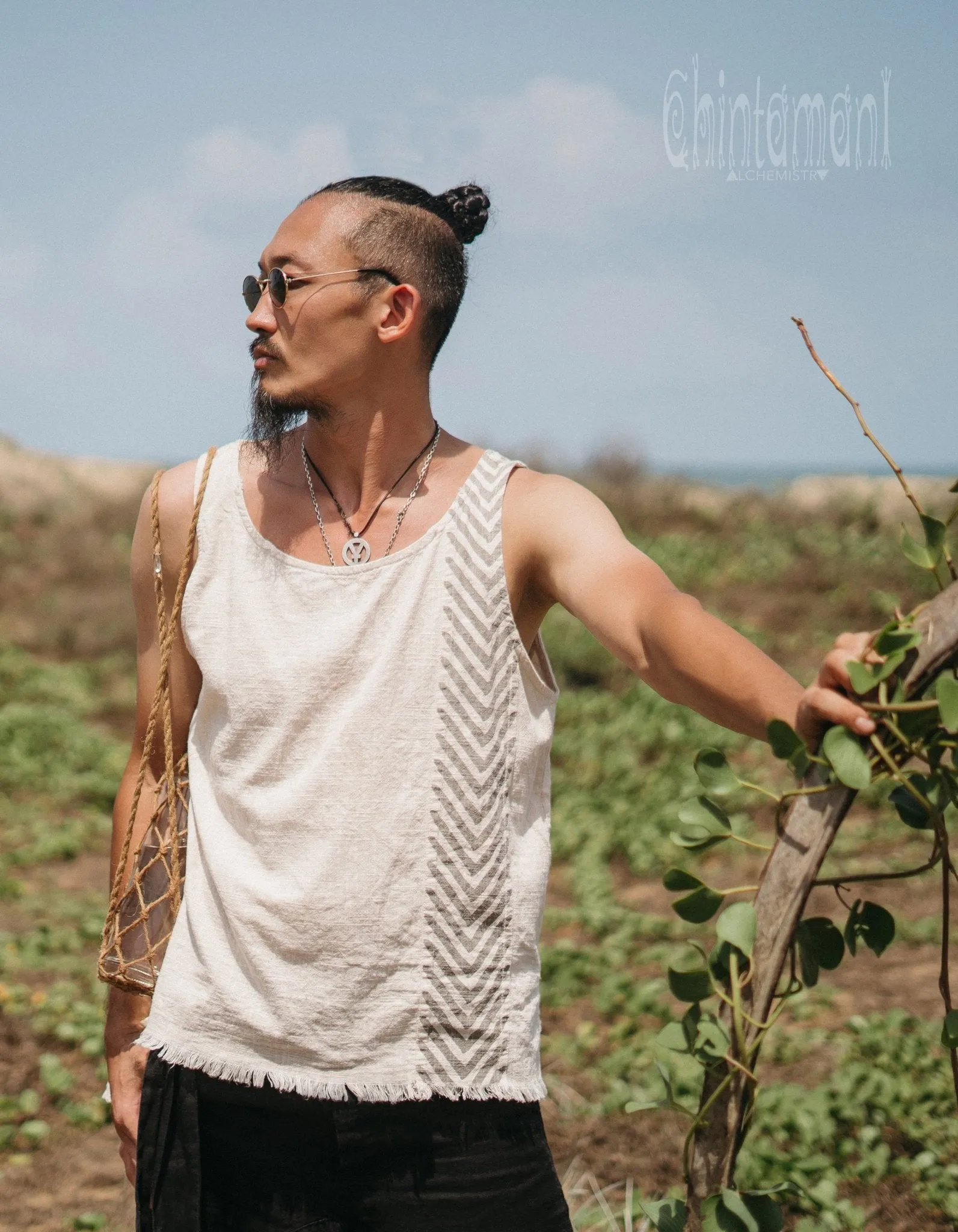 Organic Mens Vest Top with Corners Print / Light Grey