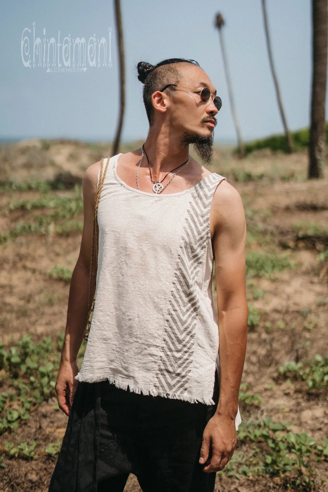Organic Mens Vest Top with Corners Print / Light Grey