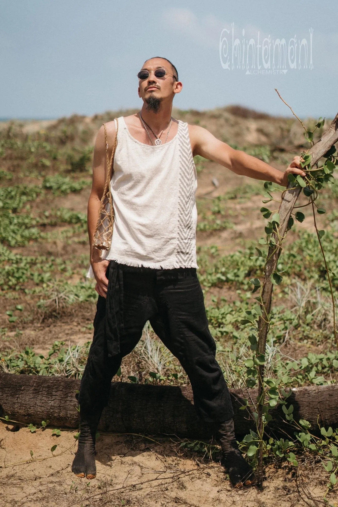 Organic Mens Vest Top with Corners Print / Light Grey