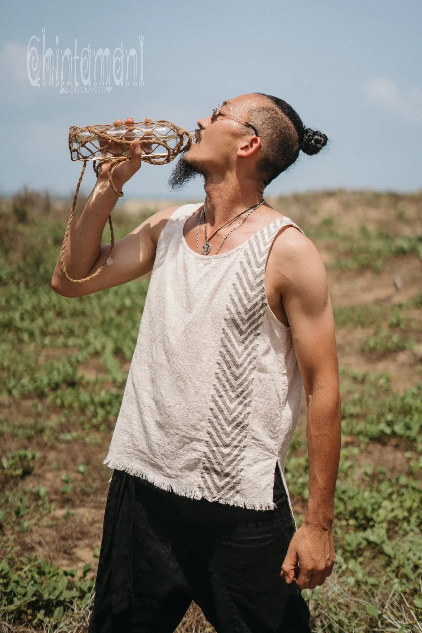 Organic Mens Vest Top with Corners Print / Light Grey
