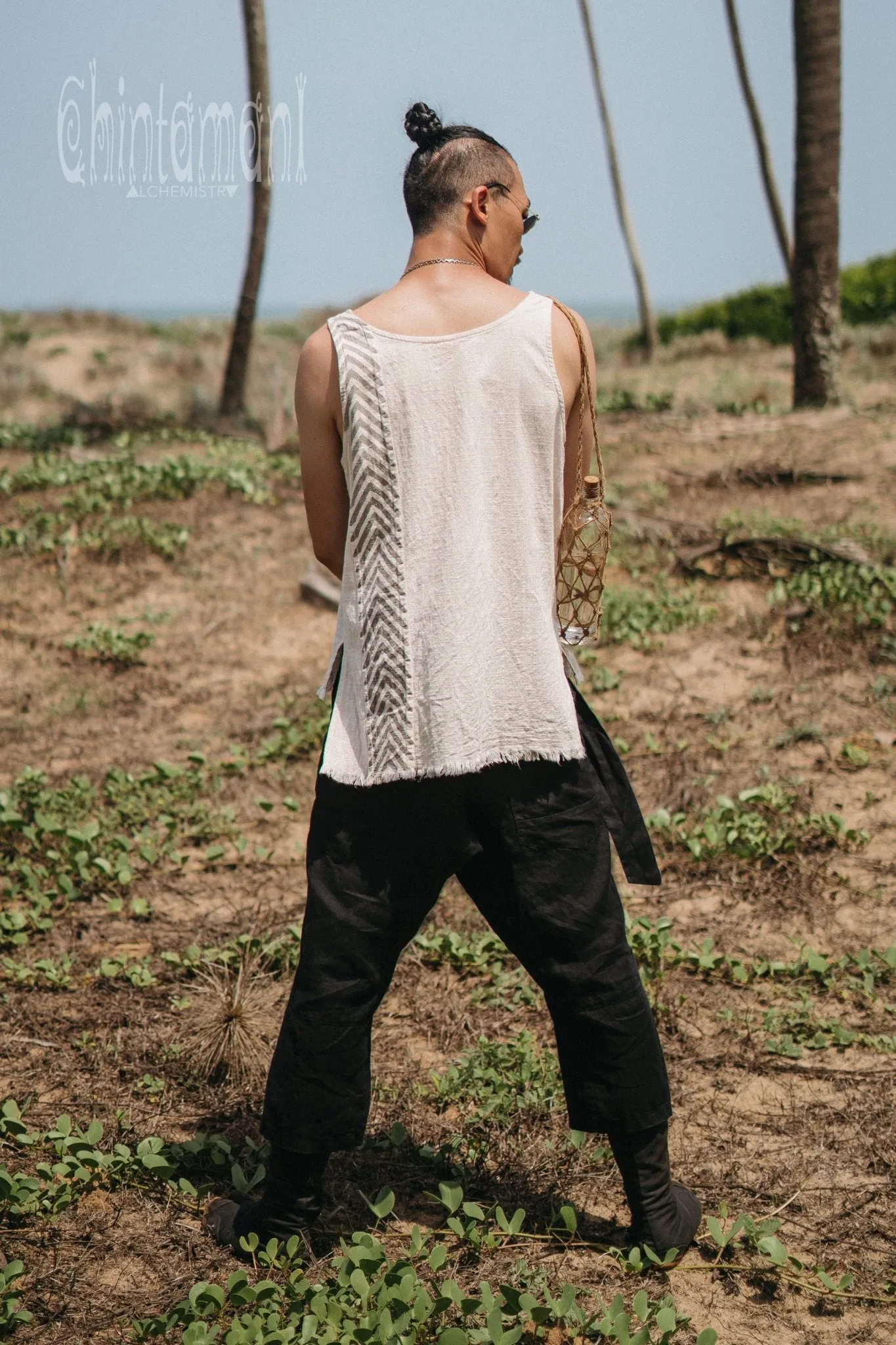 Organic Mens Vest Top with Corners Print / Light Grey