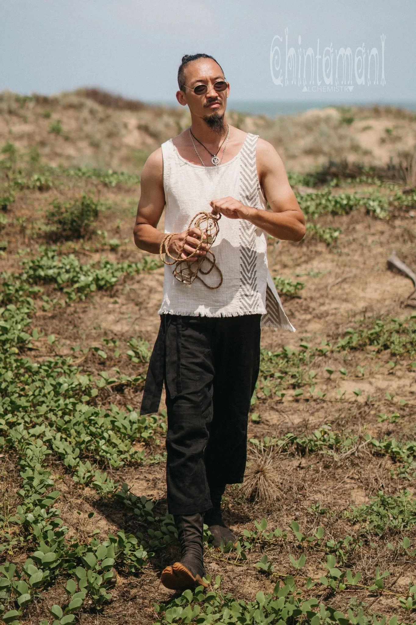 Organic Mens Vest Top with Corners Print / Light Grey