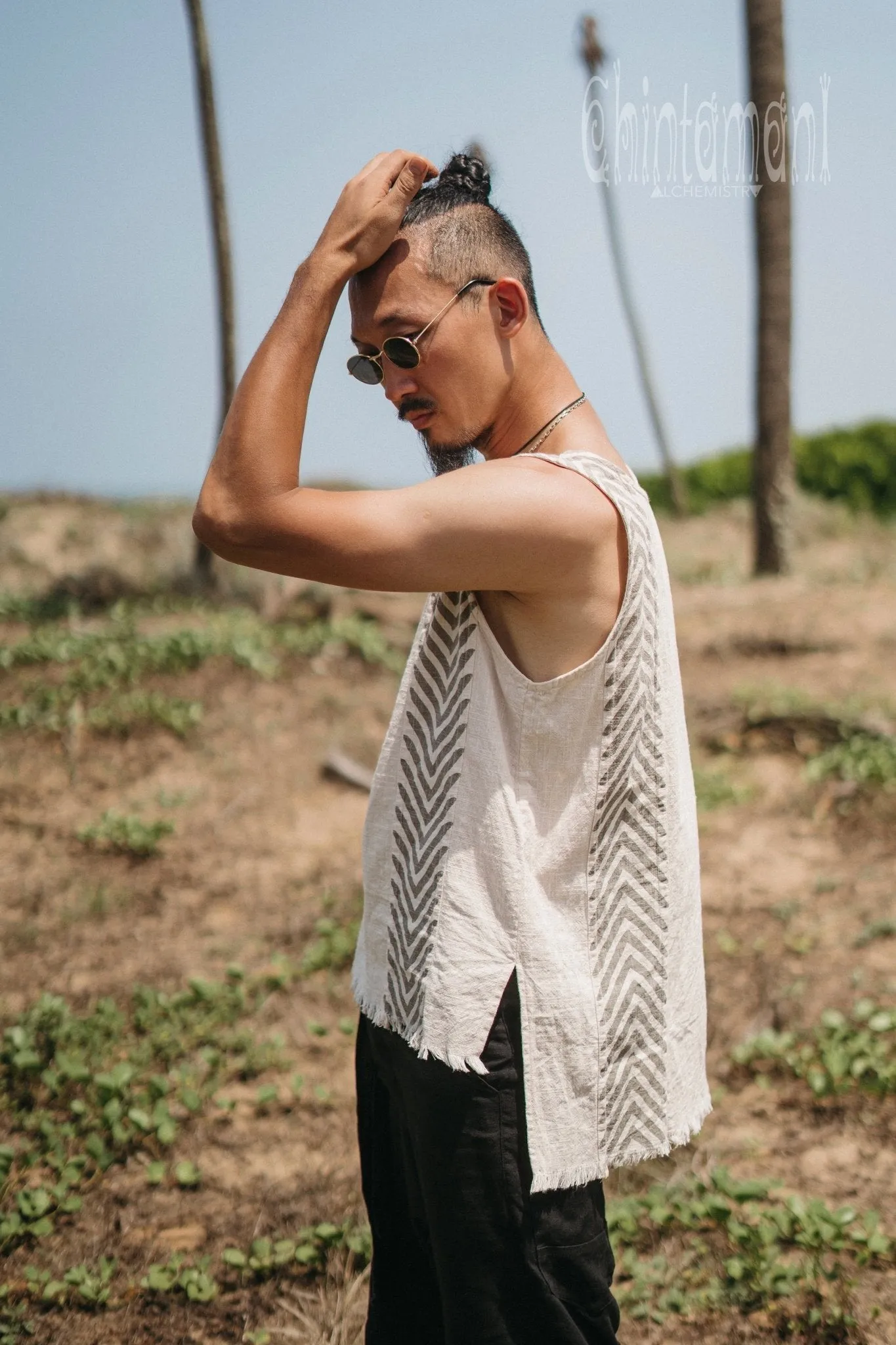 Organic Mens Vest Top with Corners Print / Light Grey