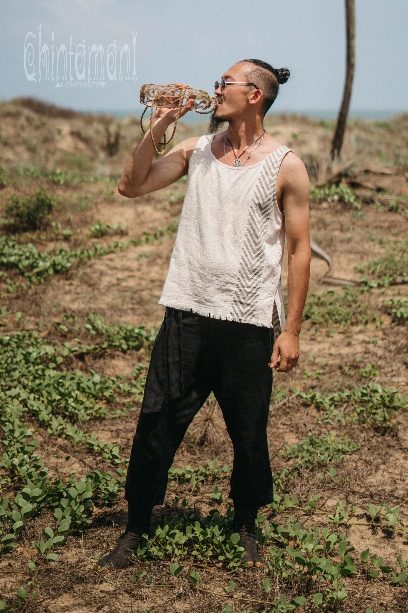 Organic Mens Vest Top with Corners Print / Light Grey