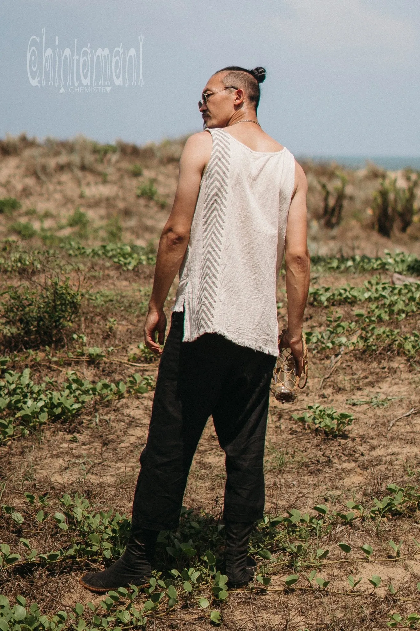 Organic Mens Vest Top with Corners Print / Light Grey