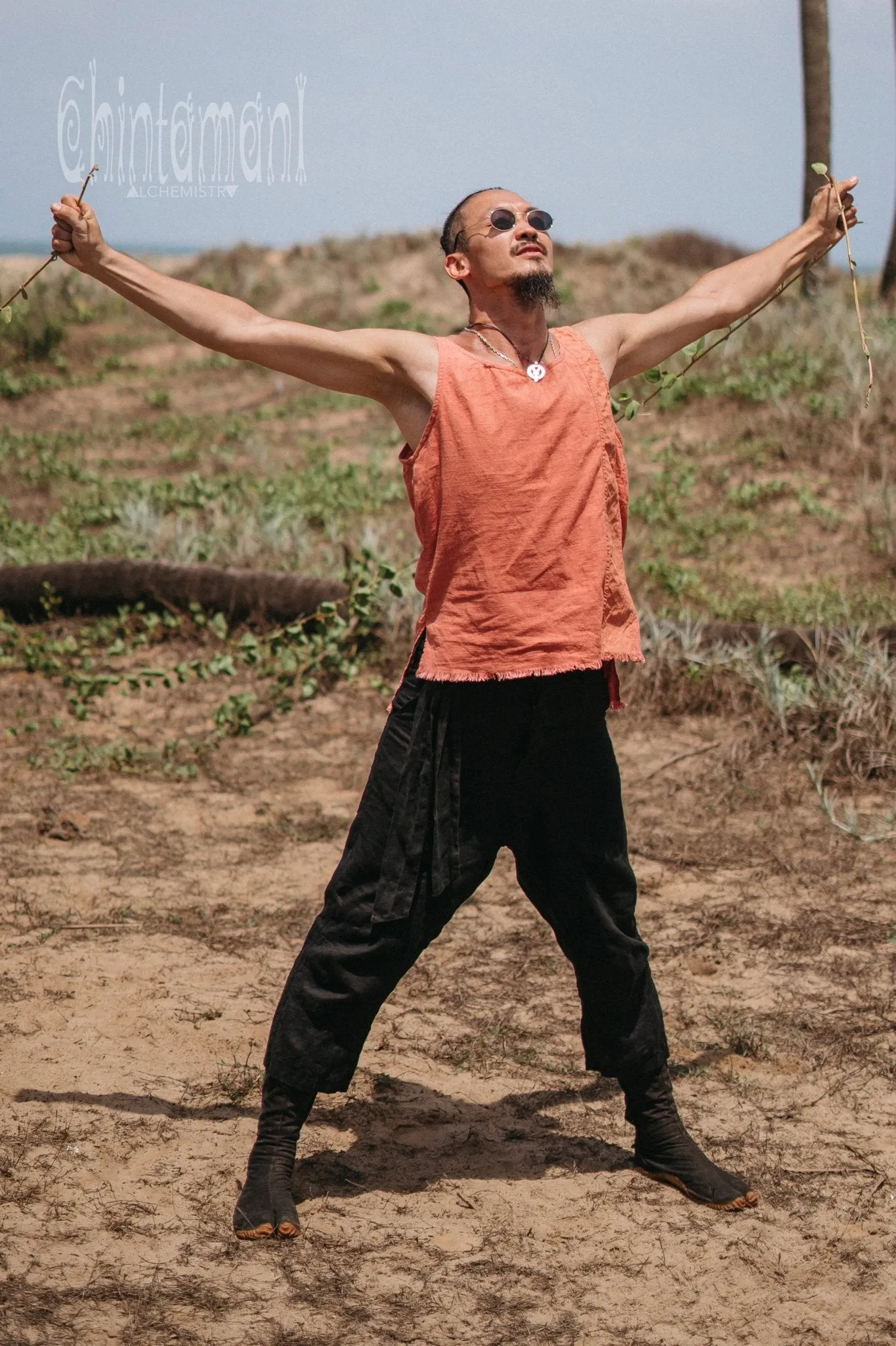 Organic Mens Vest Top with Corners Print / Salmon