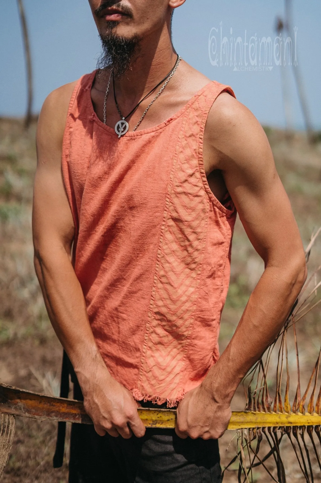 Organic Mens Vest Top with Corners Print / Salmon
