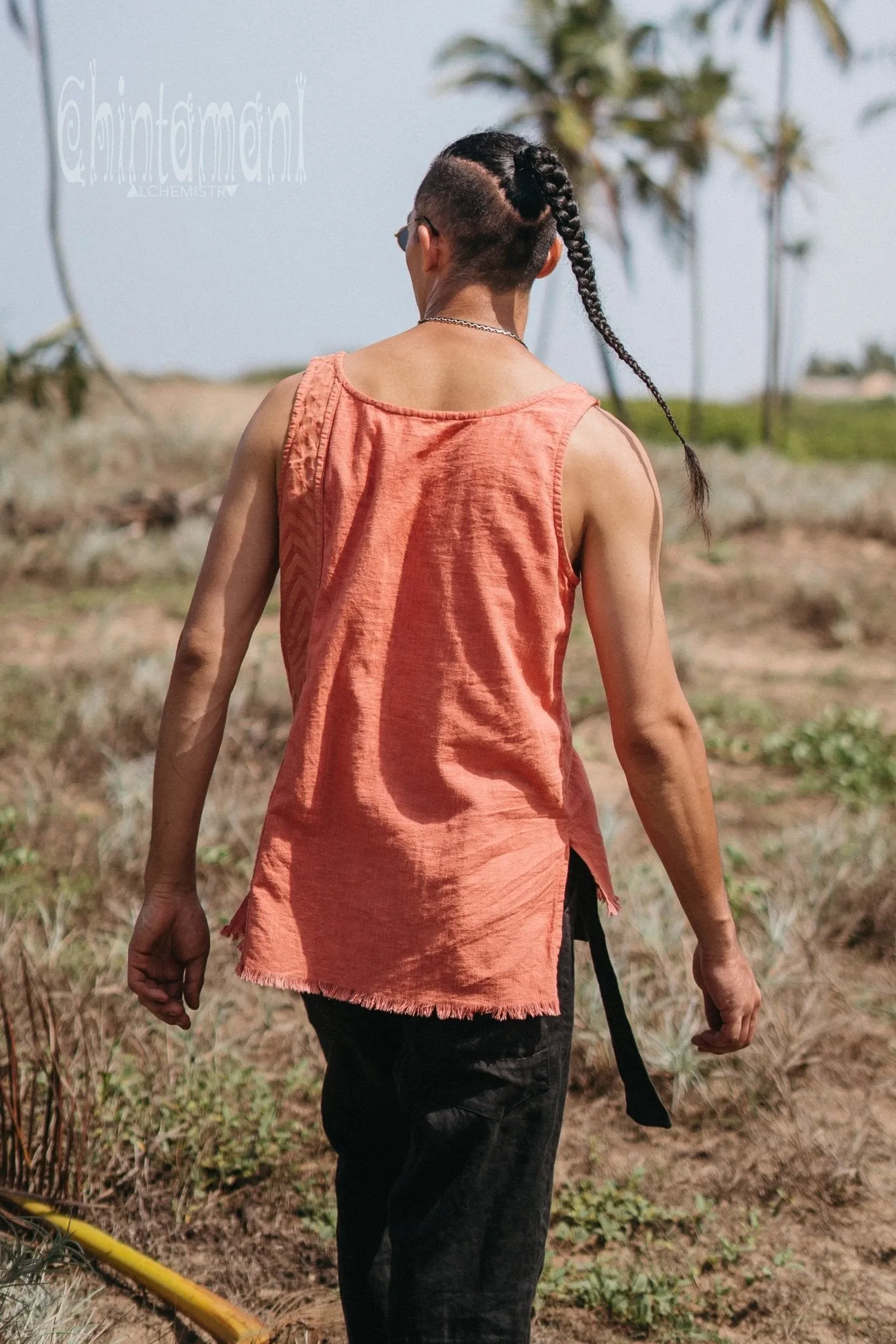 Organic Mens Vest Top with Corners Print / Salmon