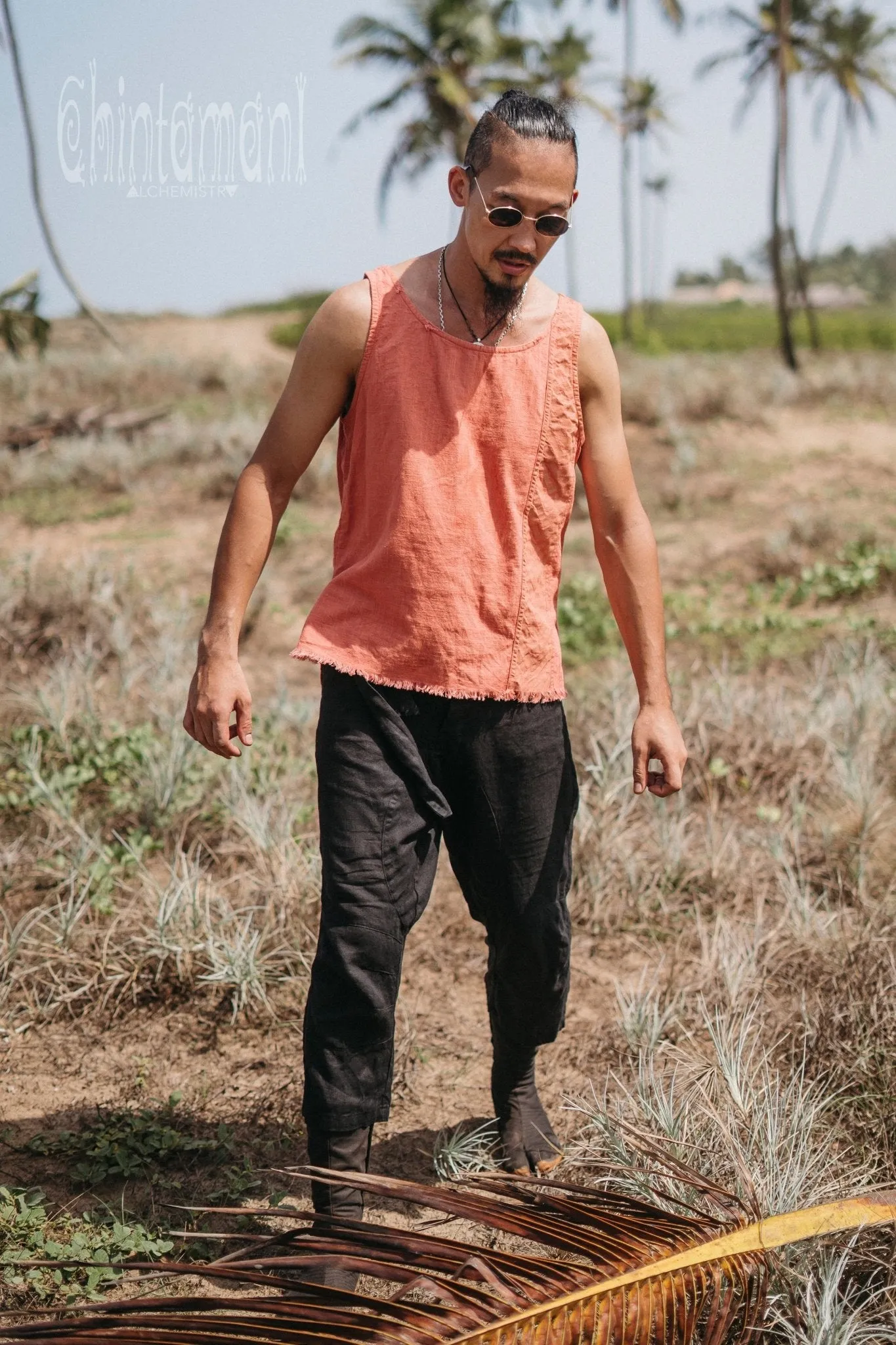 Organic Mens Vest Top with Corners Print / Salmon