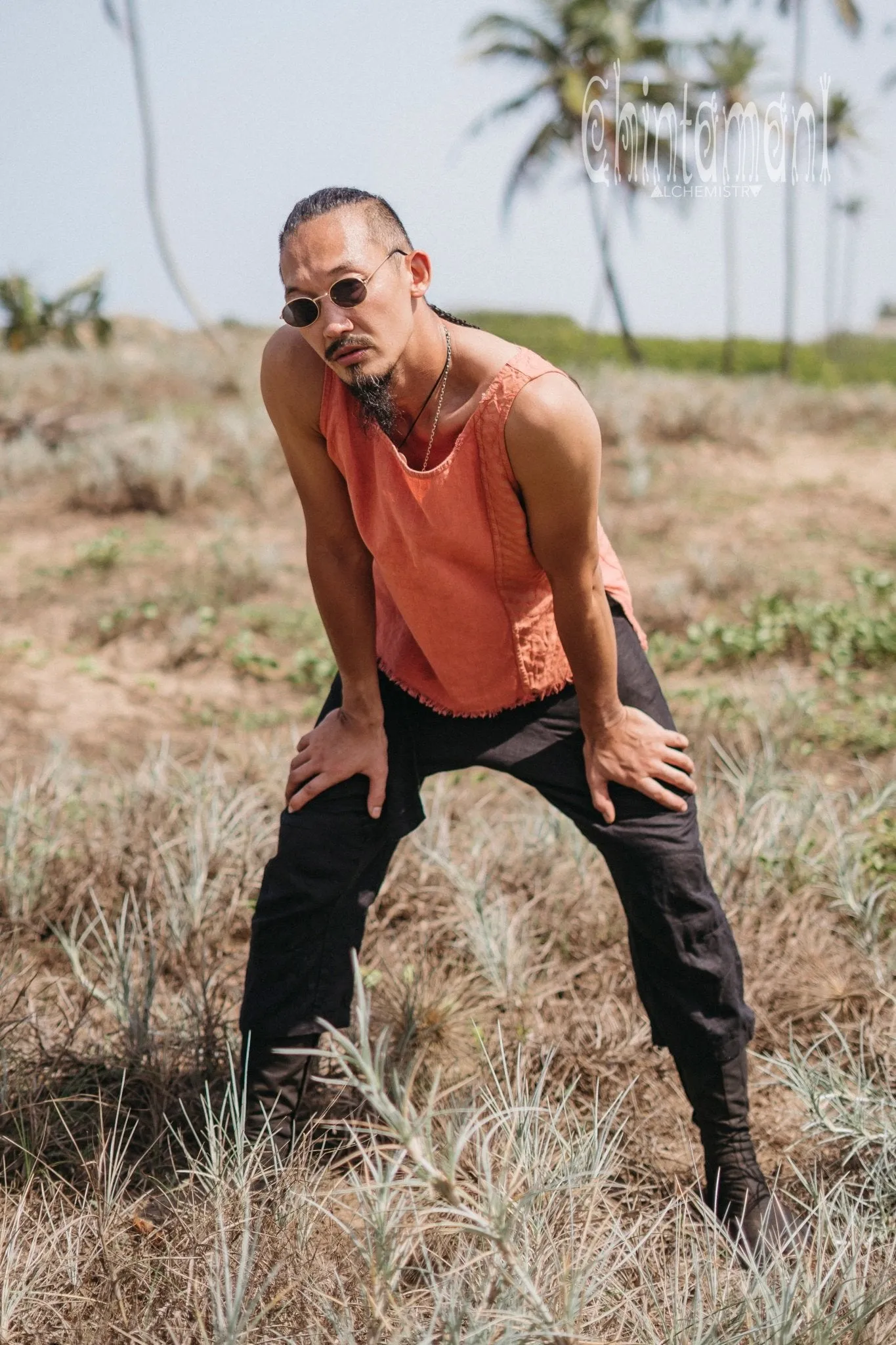 Organic Mens Vest Top with Corners Print / Salmon
