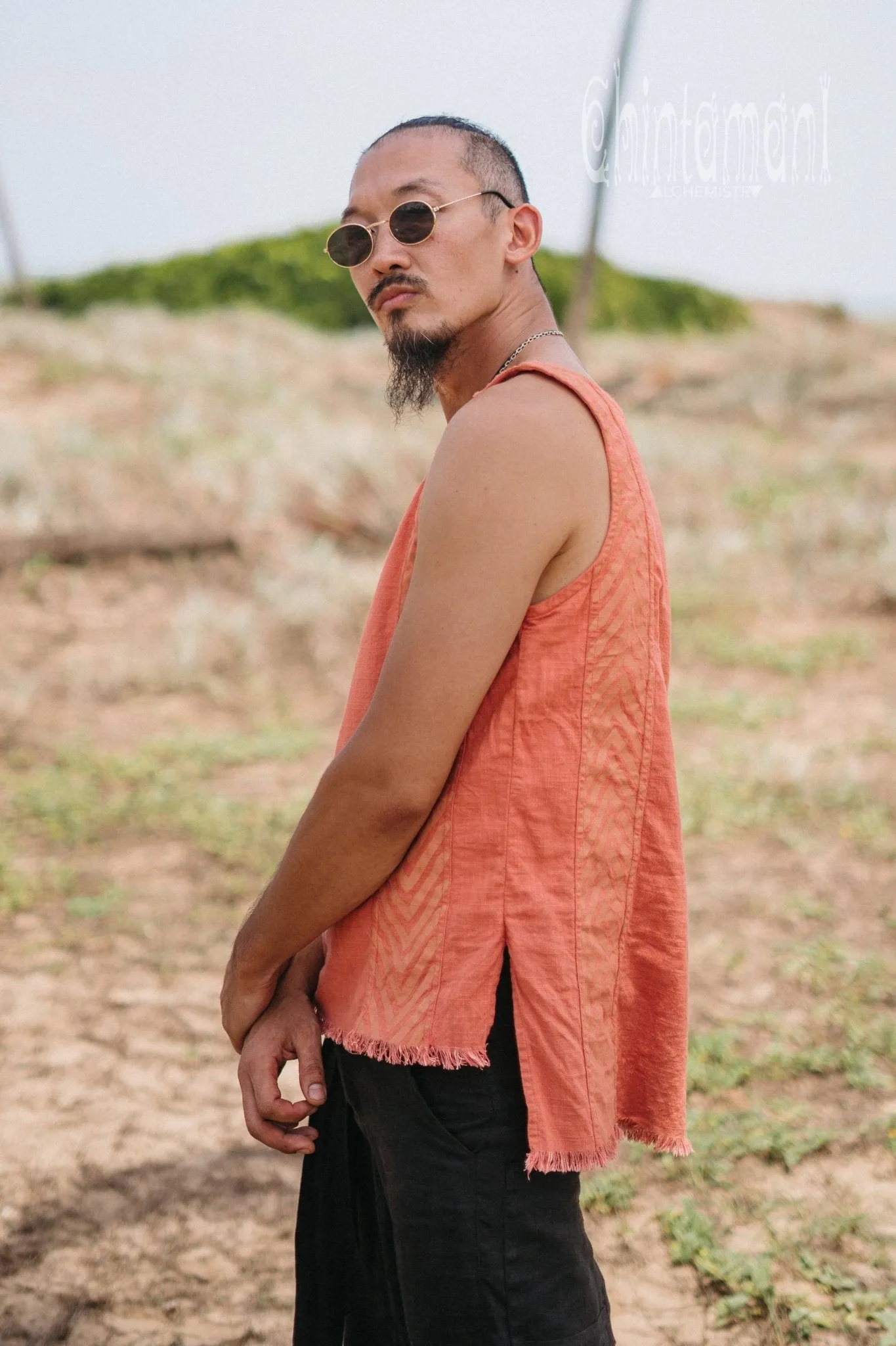 Organic Mens Vest Top with Corners Print / Salmon