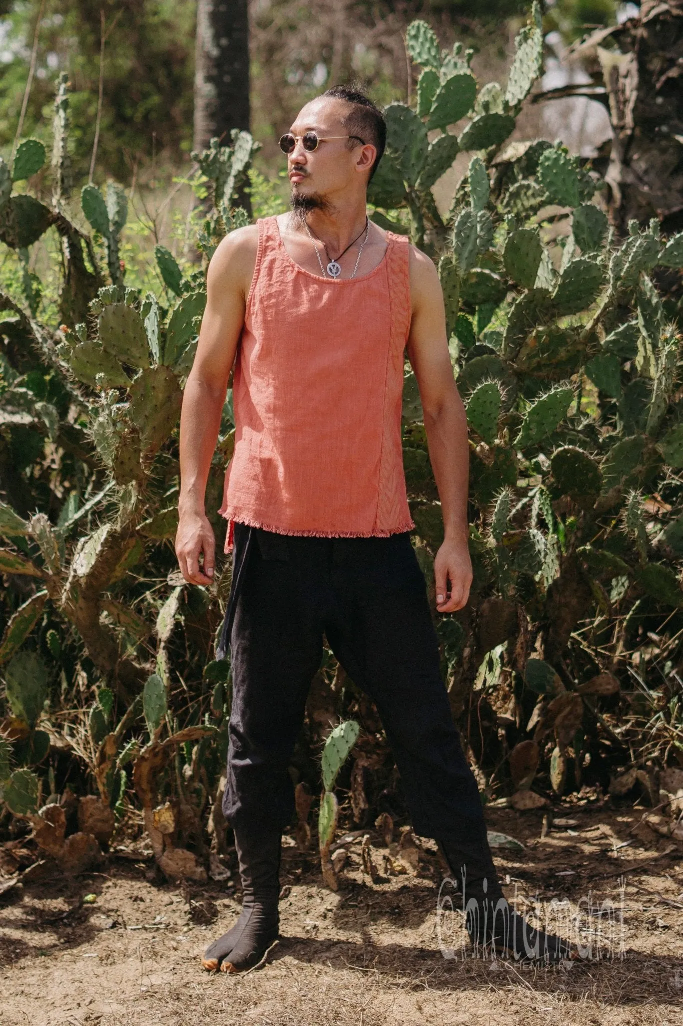 Organic Mens Vest Top with Corners Print / Salmon