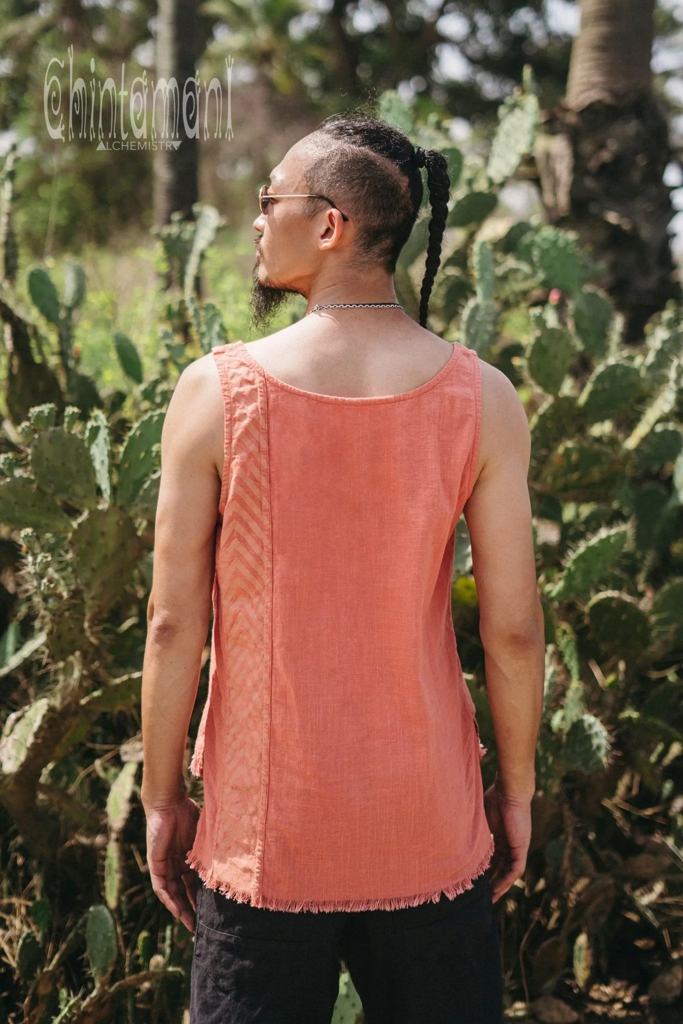 Organic Mens Vest Top with Corners Print / Salmon