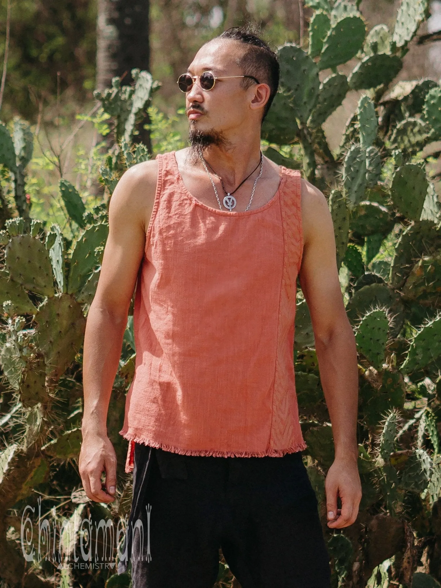 Organic Mens Vest Top with Corners Print / Salmon