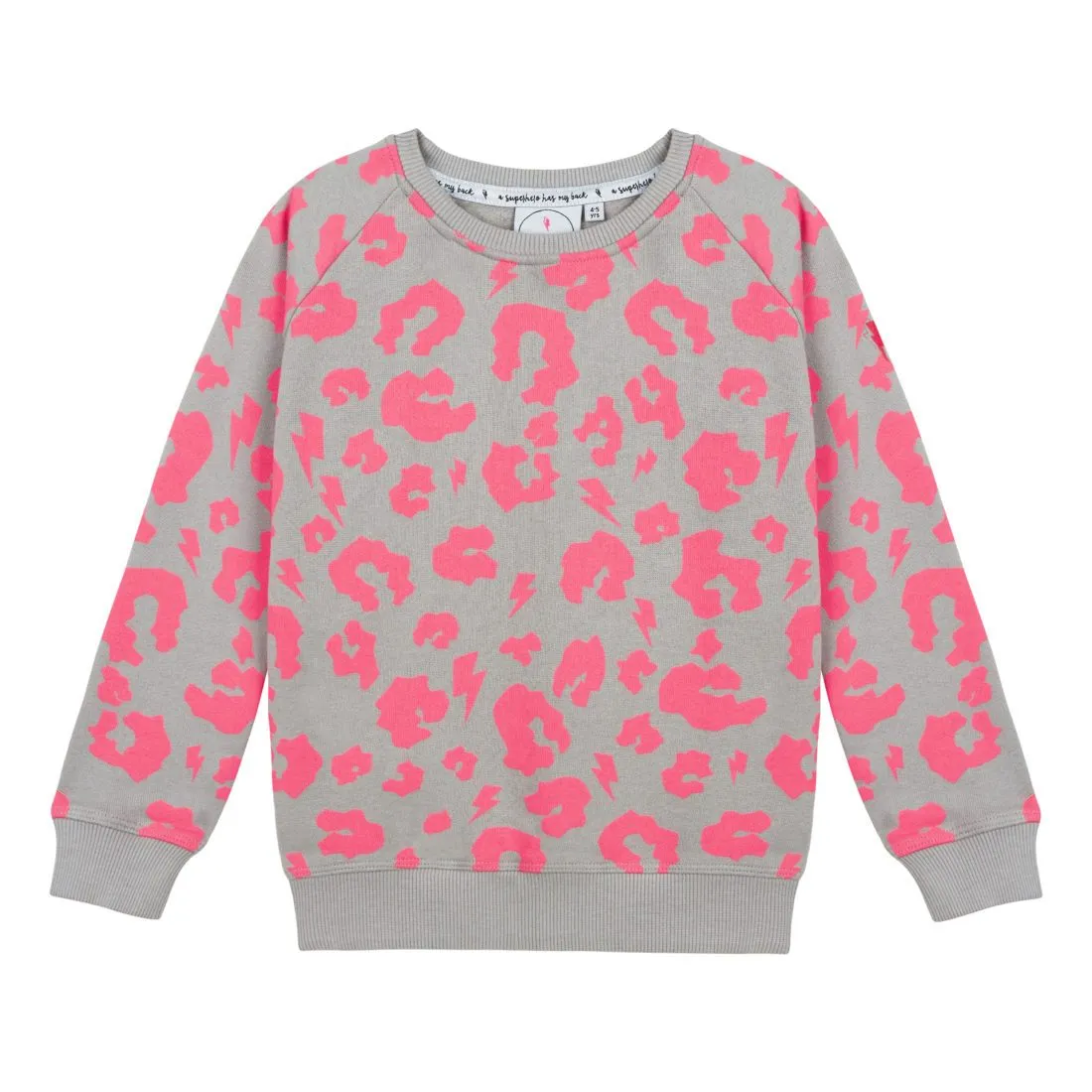 Super Soft Sweatshirt – Grey with Neon Coral Leopard and Lightning bolt