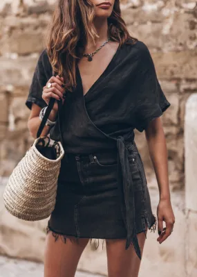 The Dark Linen Wrap Top