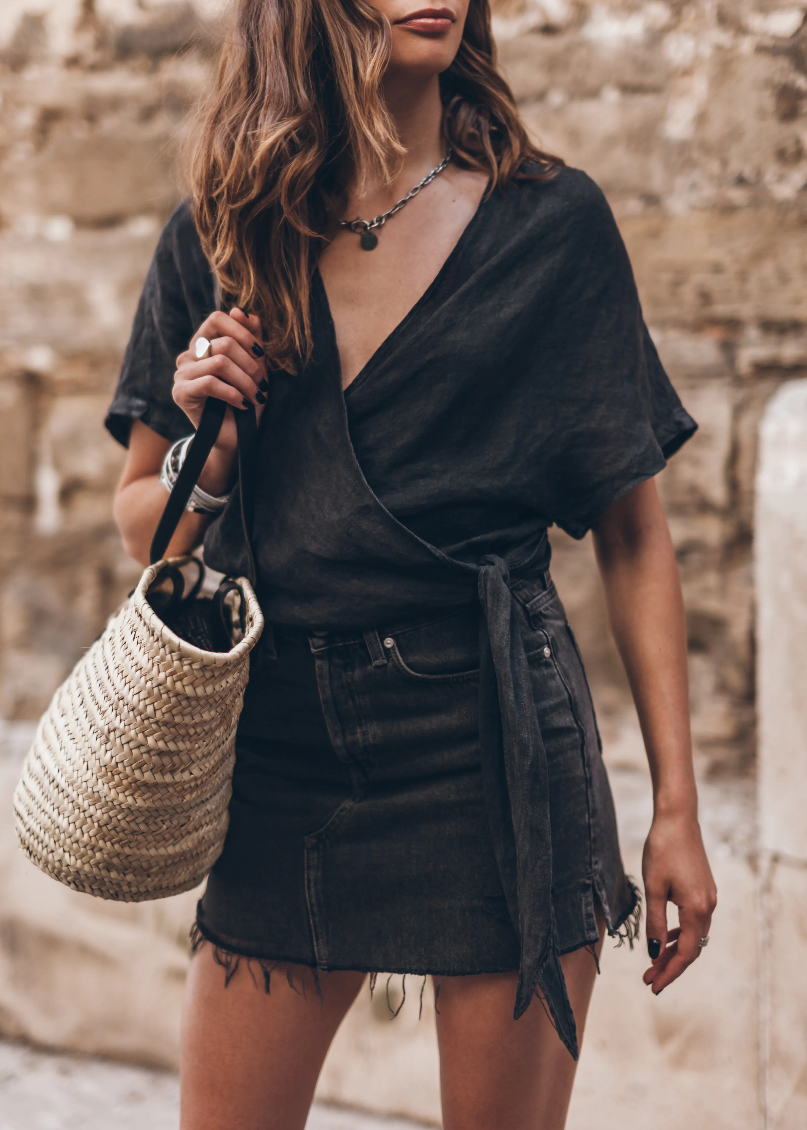 The Dark Linen Wrap Top