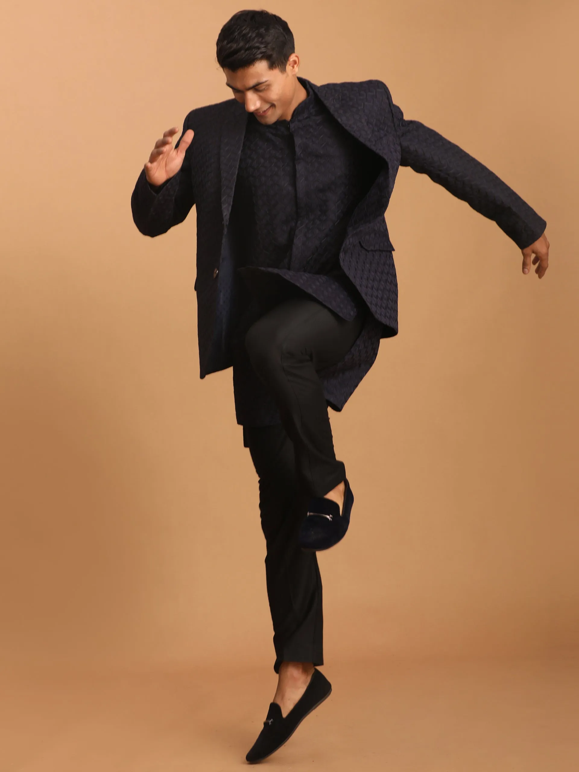 Vastramay Navy Blue Blazer and Kurta Set