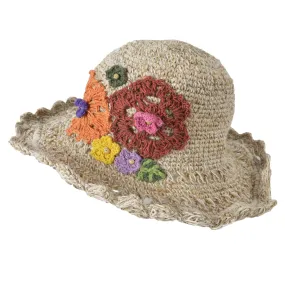 Wide Brim Knitted Summer Crochet Hemp Cotton Mix Hat With Colorful Knitted Flower.