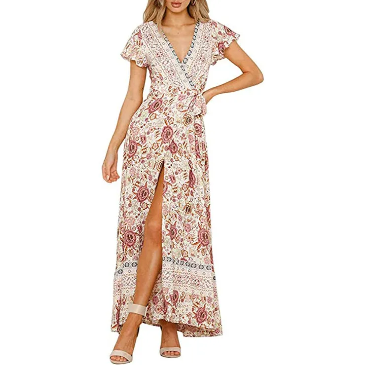 Women's Bohemian Floral Printed Wrap V Neck Maxi Dress